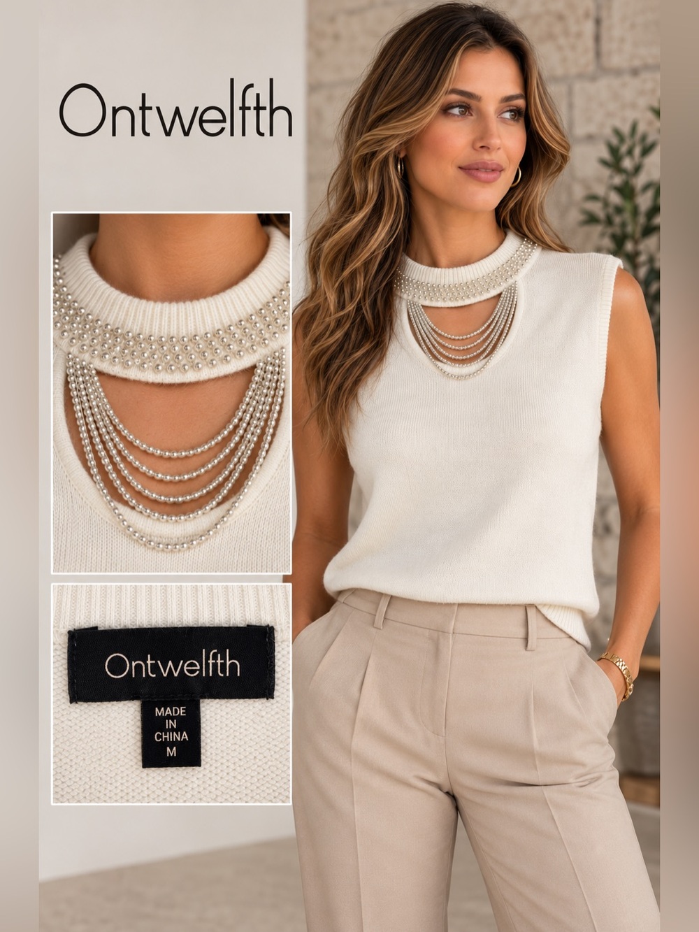 Sleeveless Cream Knit Tank with Beaded Collar